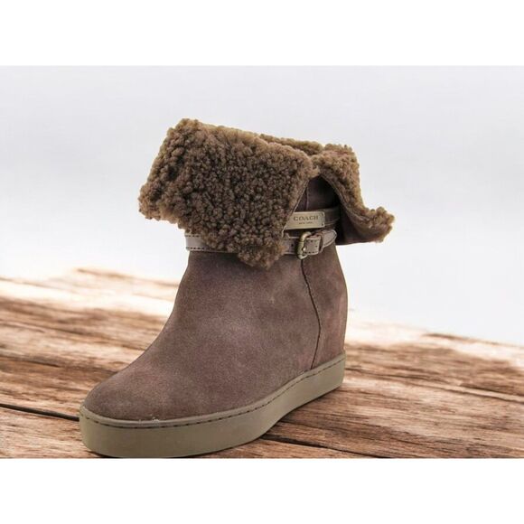 Coach Dark Brown Suede Shearling-Lined Ankle Booties - Size 8 - Picture 1 of 8